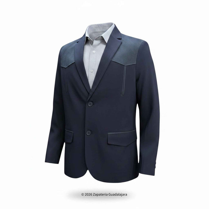 A men's blazer jacket in dark navy blue, featuring contrasting dark gray leather shoulder yokes and welt pockets, styled over a light gray collared shirt on a white background.
