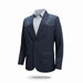 A men's blazer jacket in dark navy blue, featuring contrasting dark gray leather shoulder yokes and welt pockets, styled over a light gray collared shirt on a white background.