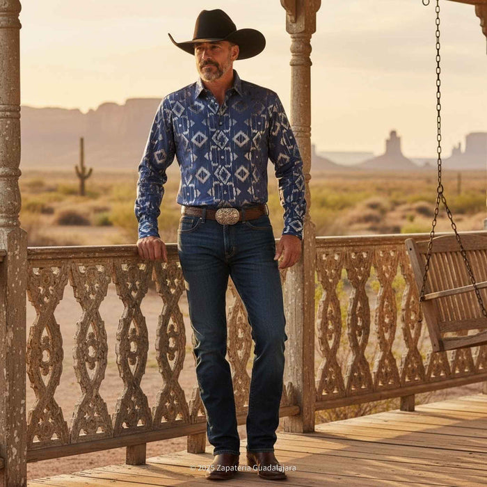 Navy Long Sleeve Western Fashion Shirt-LAM4474