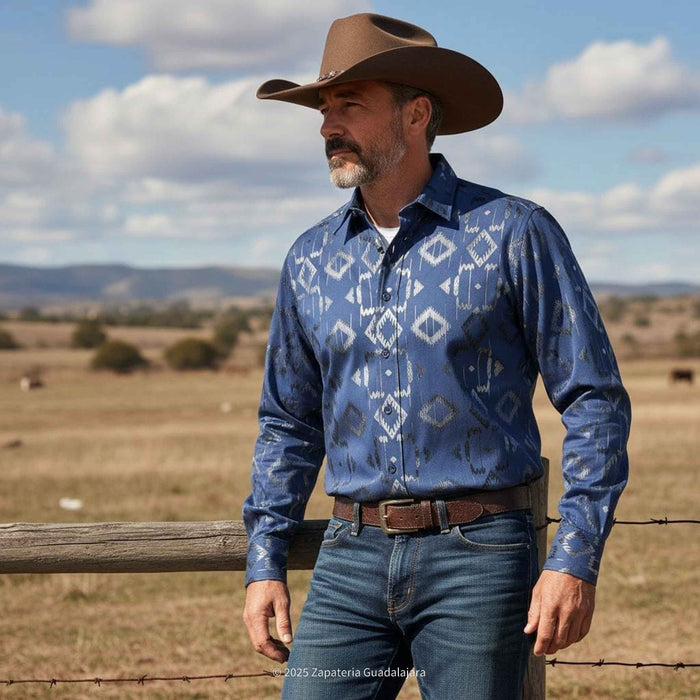 Navy Long Sleeve Western Fashion Shirt-LAM4474