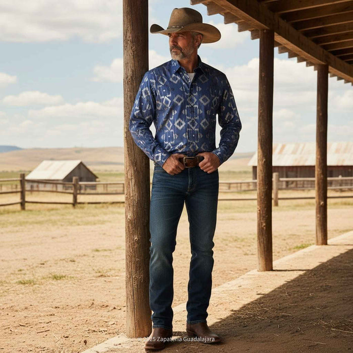 Navy Long Sleeve Western Fashion Shirt-LAM4474