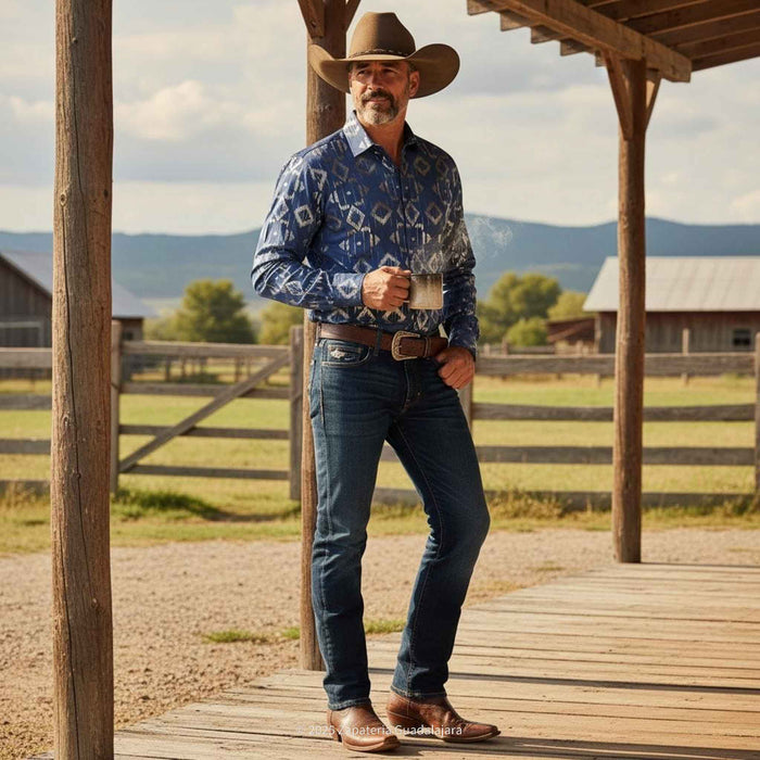 Navy Long Sleeve Western Fashion Shirt-LAM4474