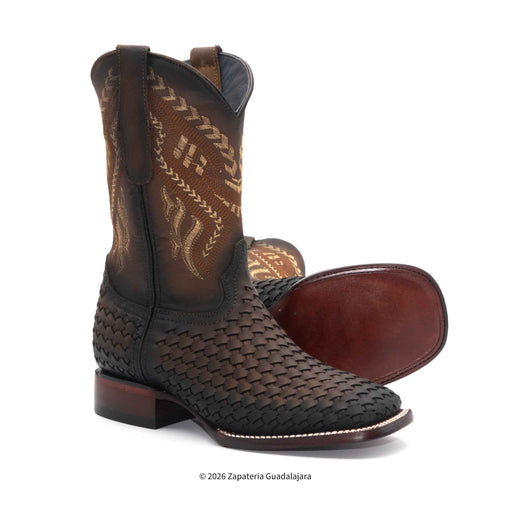 Brown woven cowboy boot with intricate design on a white background