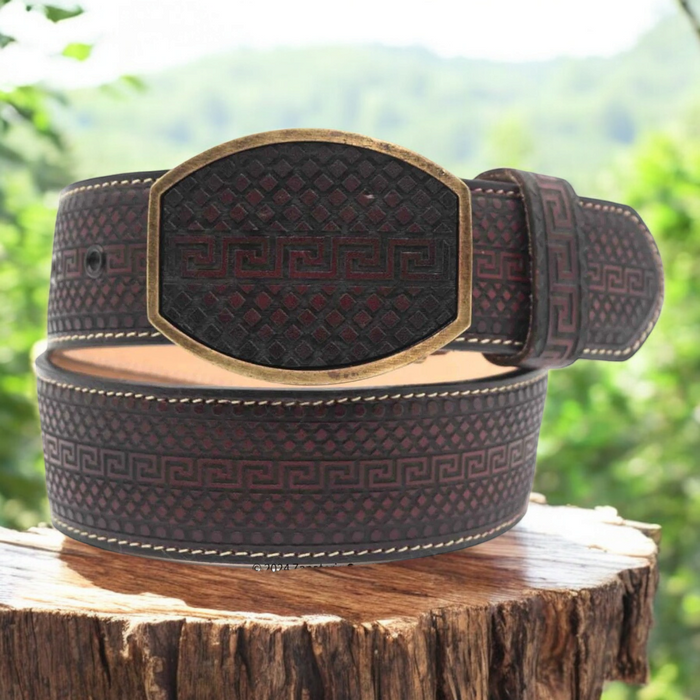 H070 MEN WESTERN 2 LASER LEATHER BELT BLACK CHERRY