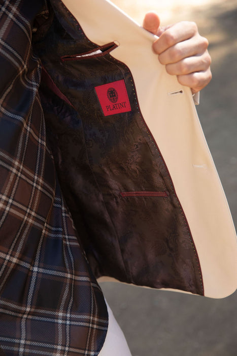 Close-up of a jacket with a red label on a blurred background