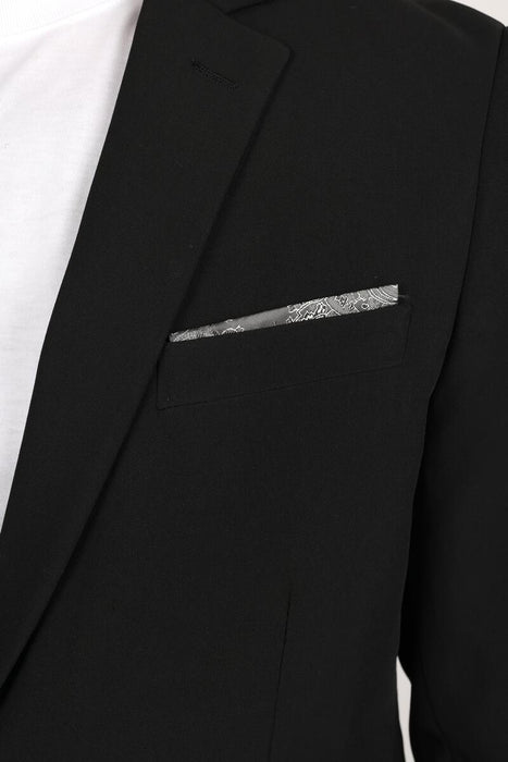 Black suit jacket with a silver pocket square on a white background