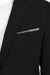 Black suit jacket with a silver pocket square on a white background