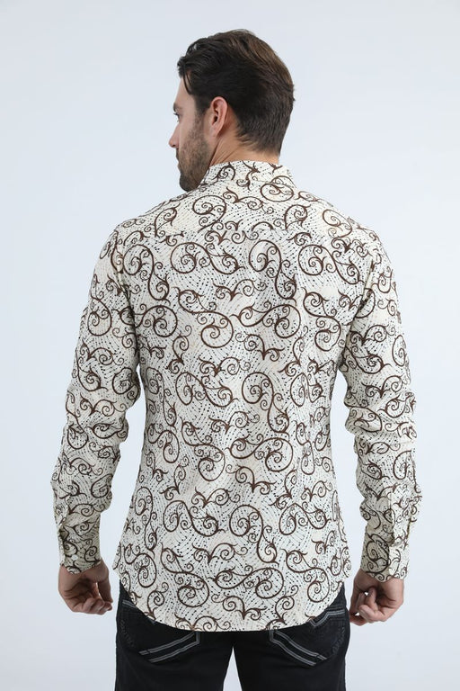 Man wearing a patterned shirt on a white background