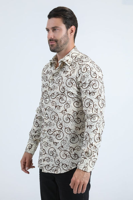 Man wearing a patterned shirt on a white background