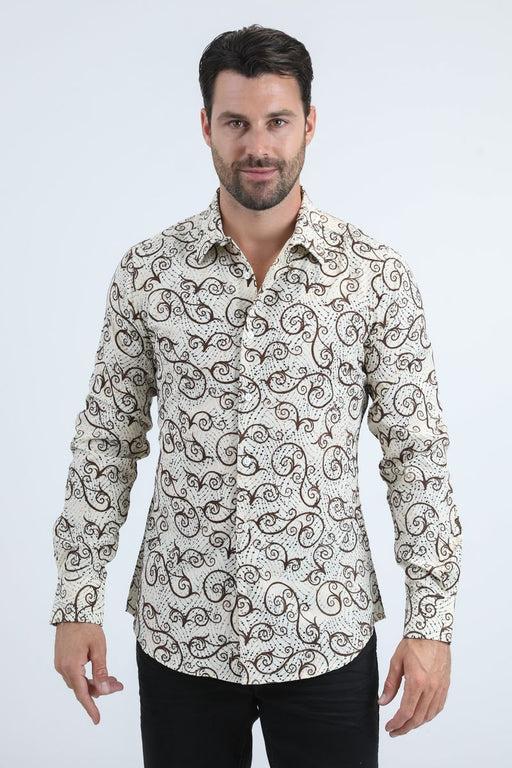 Man wearing a patterned shirt on a white background
