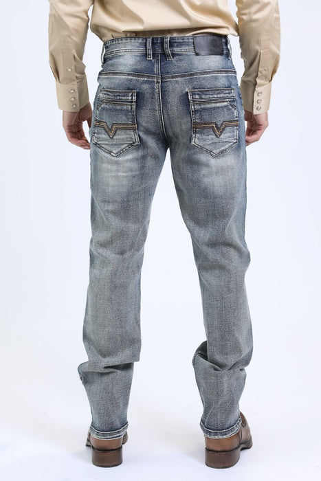 Person wearing light blue jeans on a white background