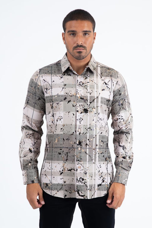 Man wearing a patterned shirt on a white background