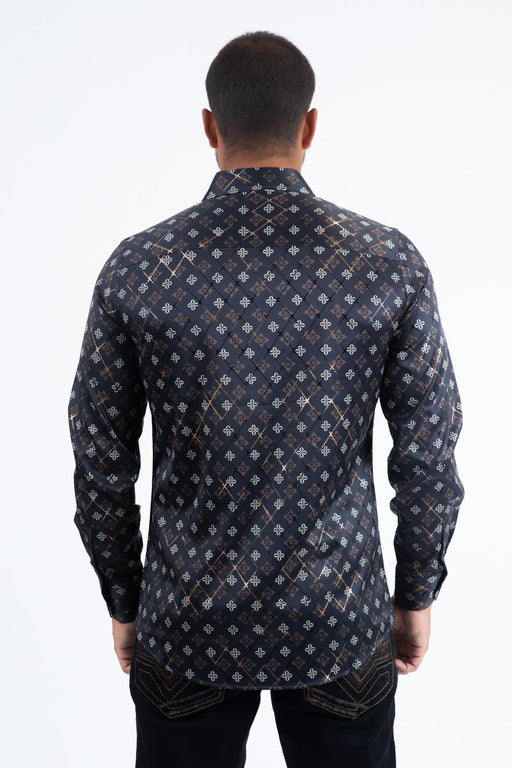 Man wearing a patterned shirt from behind on a white background