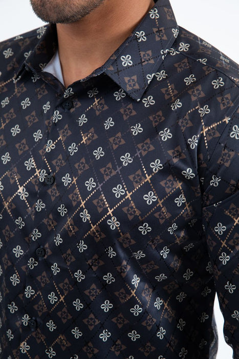 Close-up of a patterned shirt with geometric design on a white background