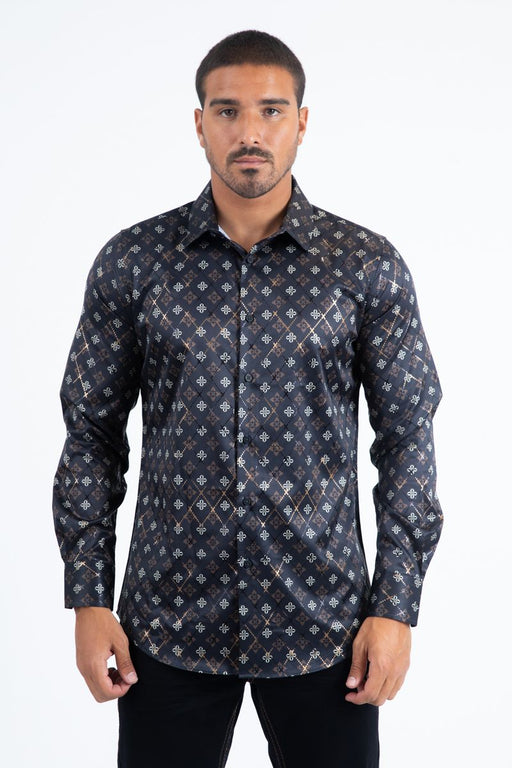 Man wearing a patterned dark shirt on a white background