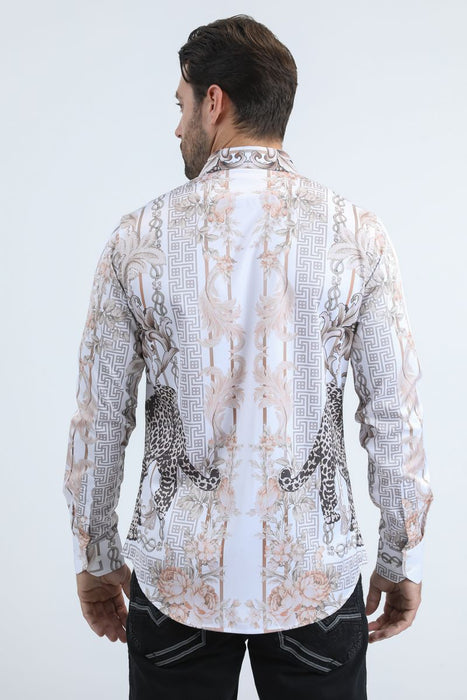 Man wearing a patterned shirt with a white background