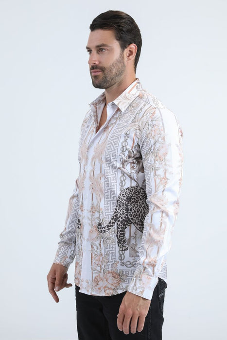 Man wearing a patterned shirt with a white background