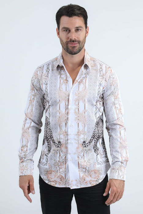 Man wearing a patterned shirt on a white background