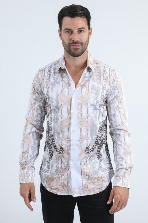 Man wearing a patterned shirt on a white background