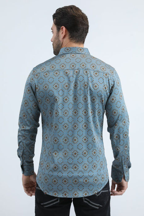 Man wearing a blue patterned shirt on a white background