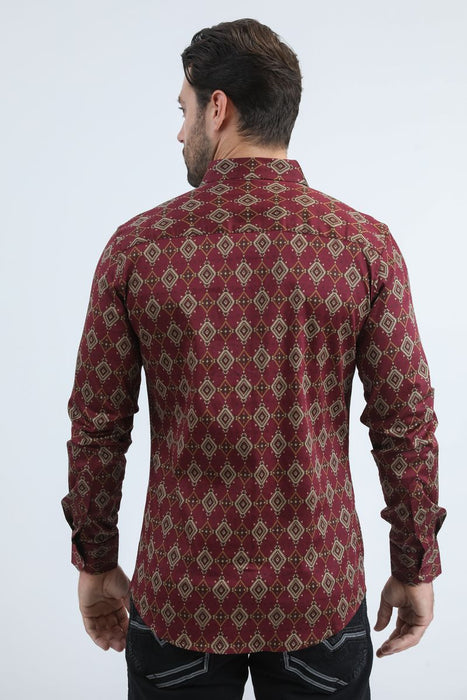 Man wearing a patterned red shirt on a white background