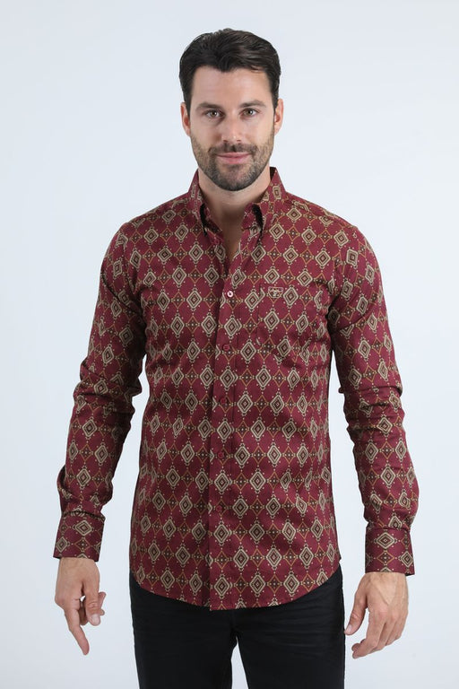 Man wearing a patterned red shirt on a white background