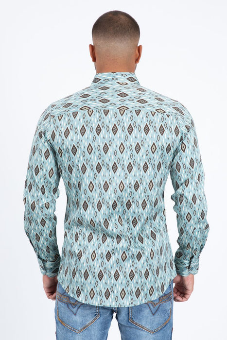 Man wearing a patterned shirt with a white background