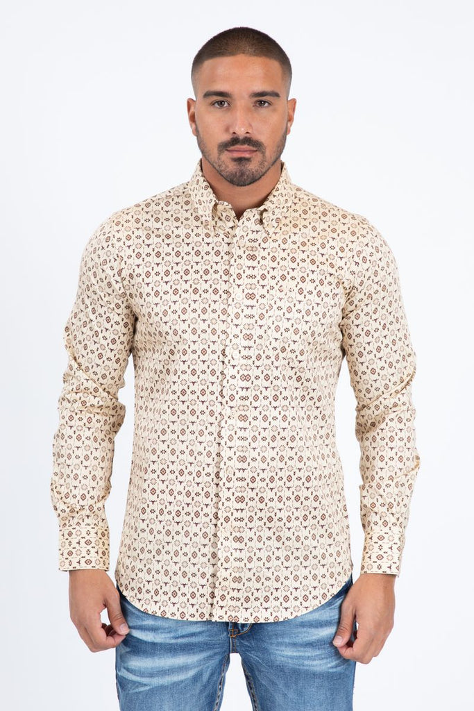 CWL11342 Mens Satin Cotton Modern Fit Beige Long Sleeve Shirt