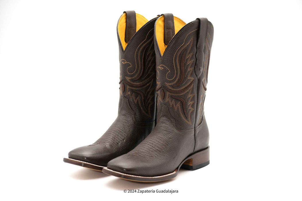 mens dress cowboy boots RC095 Men Wide Square Toe Dark Brown Leather Boot