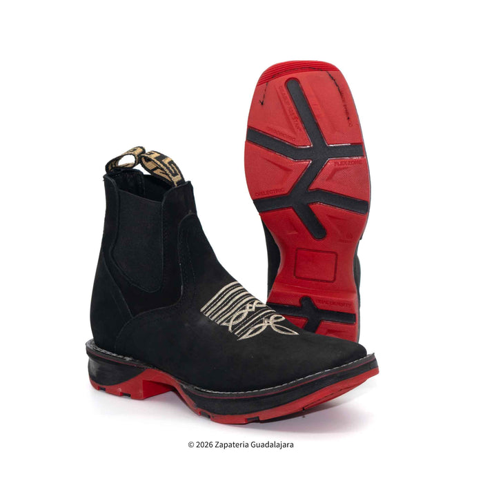 Black and red boot with visible brand name on a white background