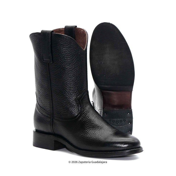 Black leather boots with a brand logo on a white background