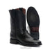 Black leather boots with a brand logo on a white background