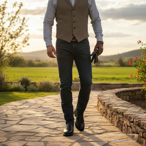 Man in formal attire walking on a stone path with a scenic background
