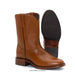 Brown leather boot with a black sole on a white background