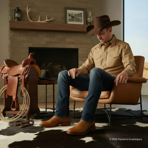 Man in cowboy attire sitting in a chair with a fireplace and saddle in the background