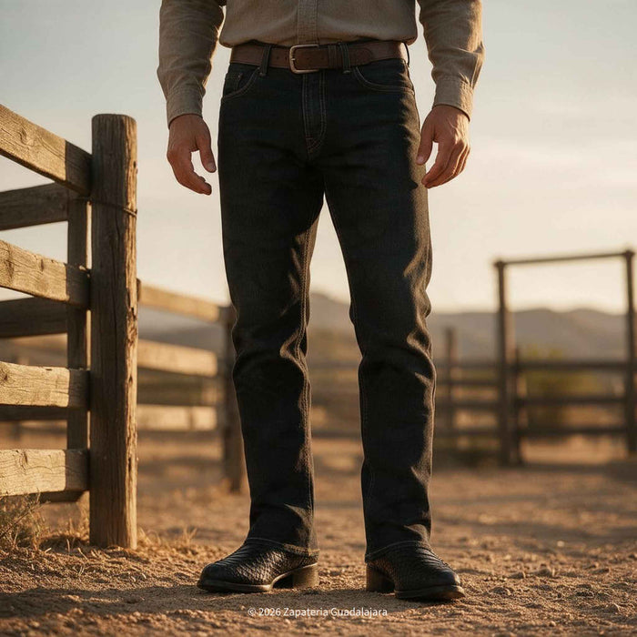  a man standing wearing Roper RC5101-A black genuine python-print leather Western boots with side zipper