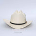 An off-white cowboy hat with a black band and a small green and gold feather accent, photographed on a light gray background.