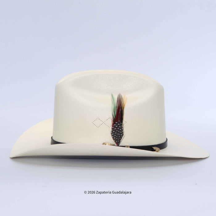 An off-white cowboy hat with a black band and a decorative feather accent on the front, photographed against a light gray background.