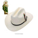 A white cowboy hat with a black band and decorative feathers, shown on a plain white background with a small religious figurine of Saint Judes in the upper left corner.