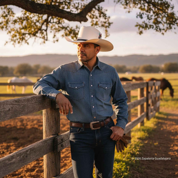 A man in a white cowboy hat, blue denim shirt, and jeans leans against a wooden fence in a sunlit outdoor ranch setting with horses in the background.