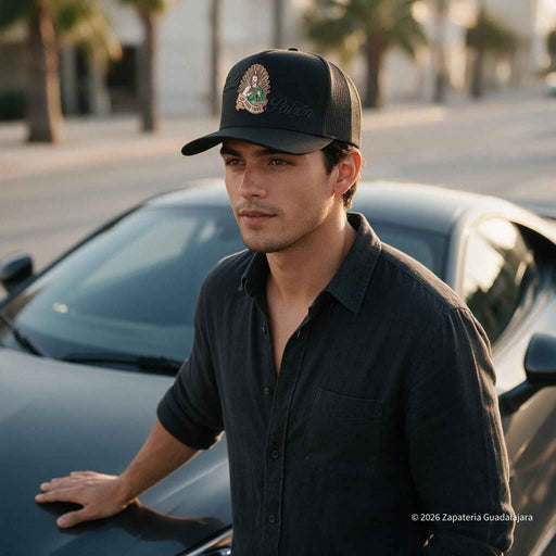 YOUN GUY WEARING A CAP WITH SANT JUDES EMBROIDERED BLACK CAP