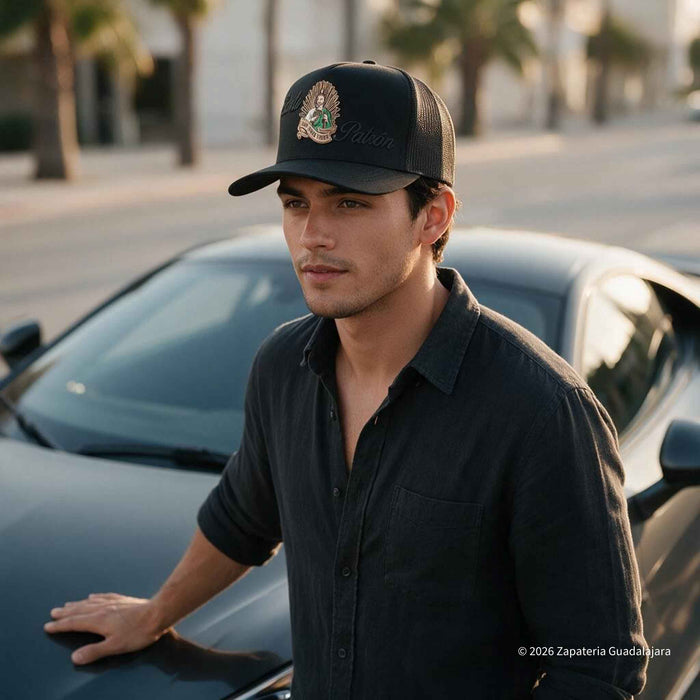 YOUN GUY WEARING A CAP WITH SANT JUDES EMBROIDERED BLACK CAP