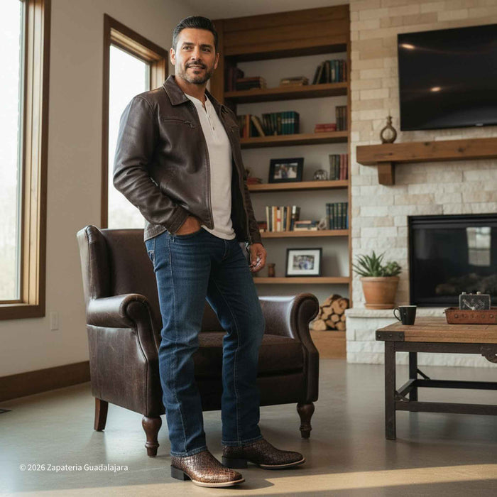 A man stands in a living room wearing a brown leather jacket, white polo shirt, blue jeans, and brown leather boots. The room features a brown leather armchair, a fireplace with a stone surround, wooden bookshelves, and a television mounted on the wall.