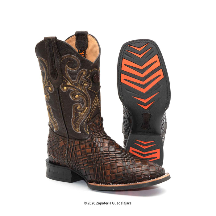 A pair of dark brown western cowboy boots with a crocodile-embossed texture and gold embroidered detailing on the shaft, shown on a white background with one boot displaying the sole.