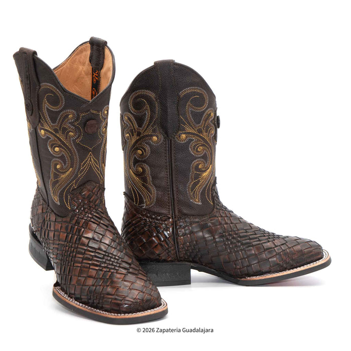 A pair of dark brown western cowboy boots with a woven alligator leather upper, tan lining, and gold embroidered scrollwork on the shafts, shown against a plain white background.