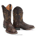 A pair of dark brown western cowboy boots with a woven alligator leather upper, tan lining, and gold embroidered scrollwork on the shafts, shown against a plain white background.