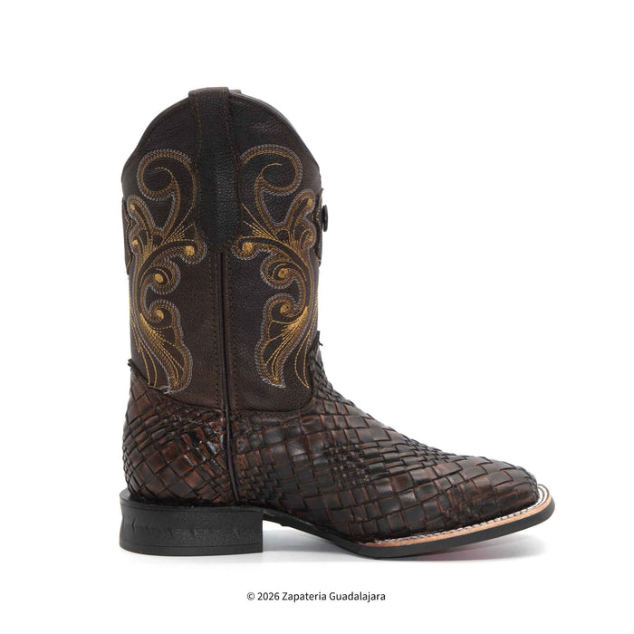 A single dark brown western cowboy boot with a crocodile-embossed texture on the lower section and gold embroidered scrollwork on the shaft, shown from a side profile on a white background.