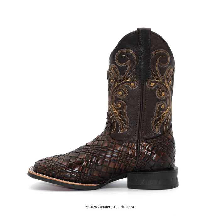 A single dark brown western cowboy boot with a crocodile-embossed toe, gold embroidered scrollwork on the shaft, and a black pull tab, shown against a plain white background.