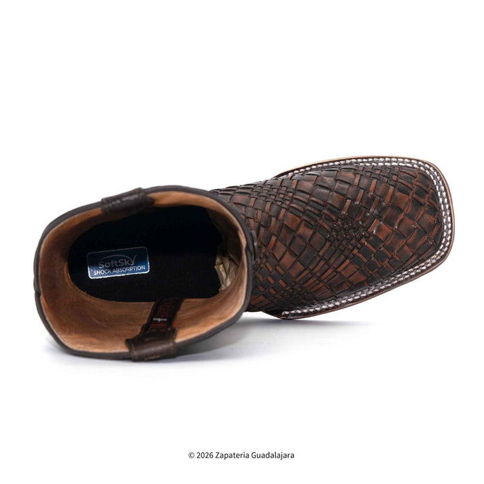 A single brown woven leather cowboy boot shown from a side-rear angle on a white background, with a visible interior label reading 'SANTA FE COWBOYS'.