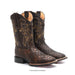 A pair of dark brown western cowboy boots with a woven python-patterned toe and gold embroidered shafts, shown on a white background.